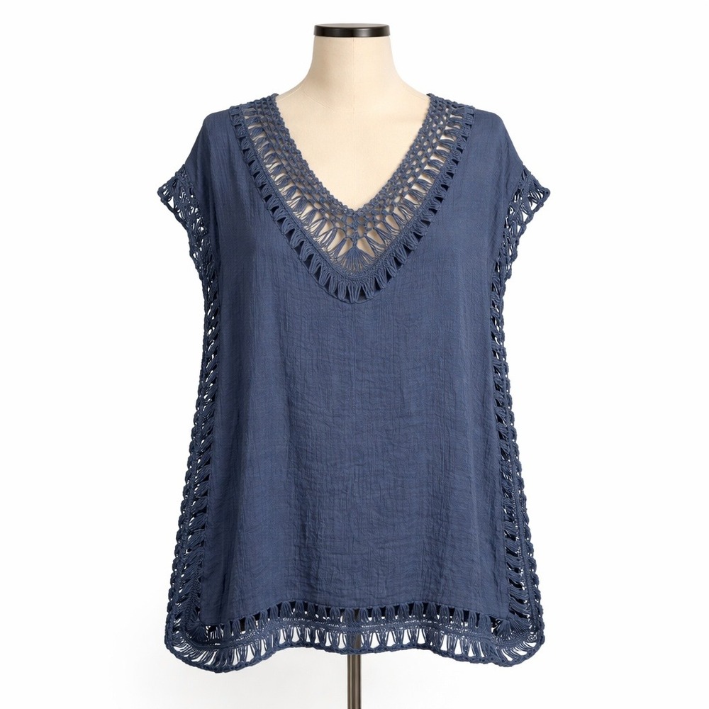 Y2K Crochet Gauze Sleeveless Top Size L Navy Macrame Festival Whimsigoth Coverup